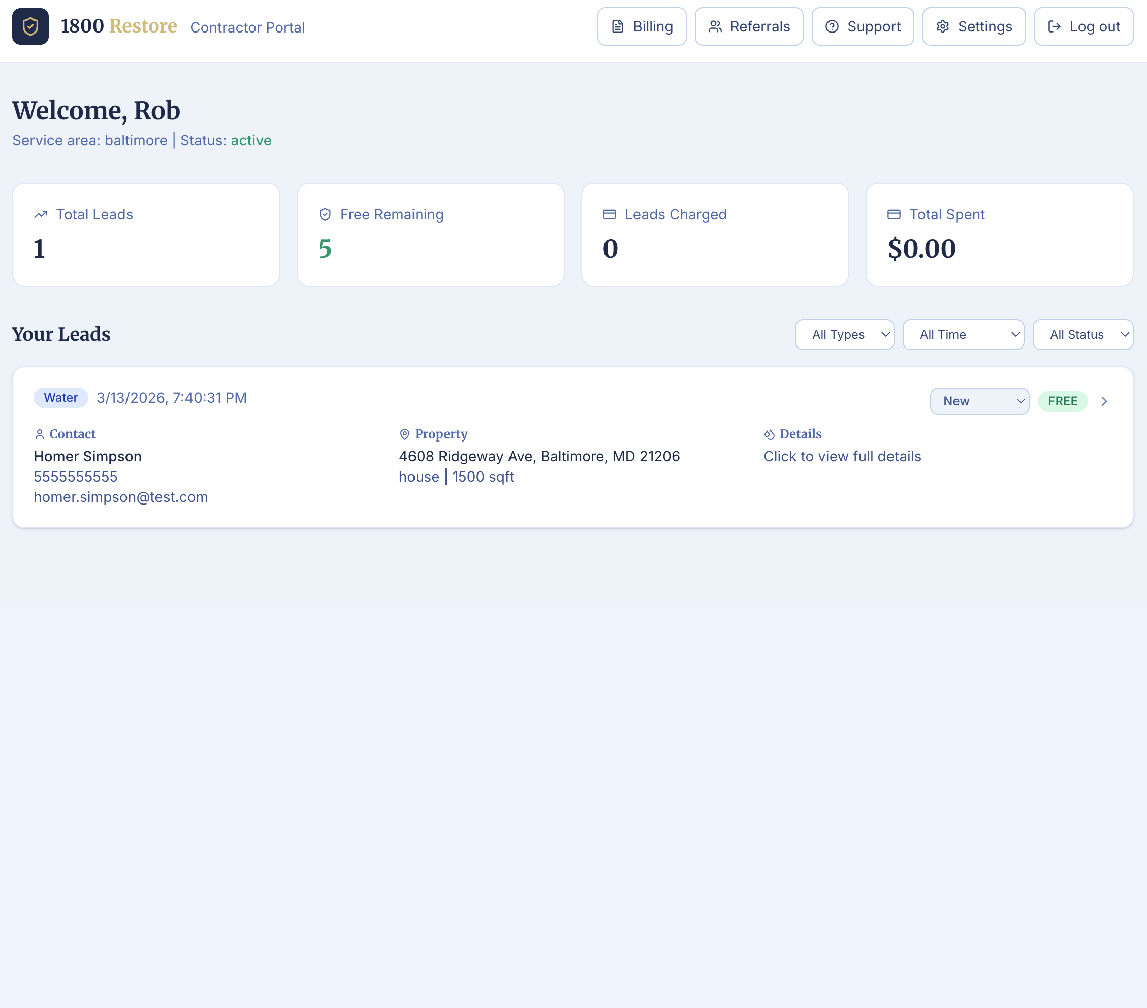 1800 Restore contractor dashboard showing leads, stats, and navigation
