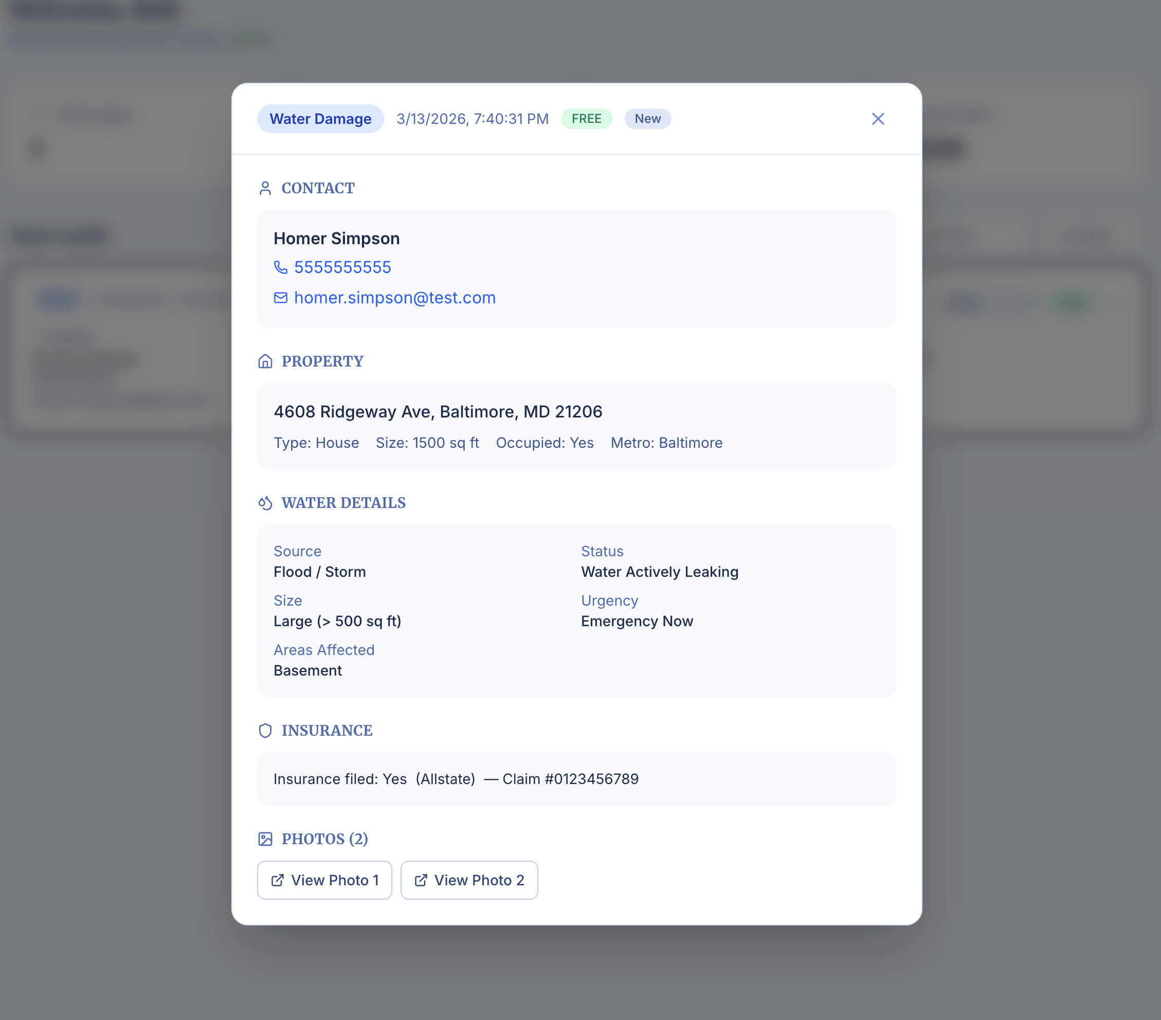 Example restoration lead with contact info, property details, and damage description